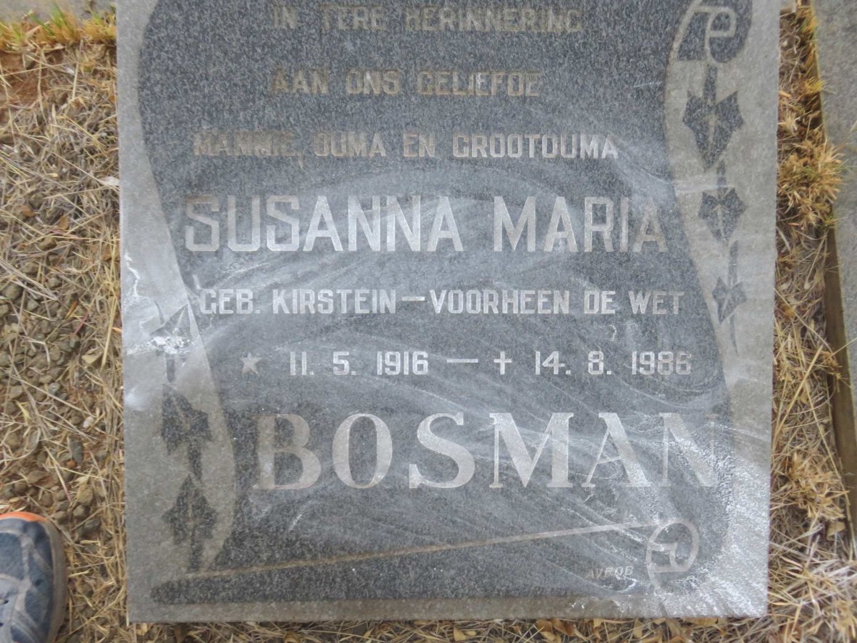 BOSMAN Susanna Maria voorheen DE WET nee KIRSTEIN 1916-1986