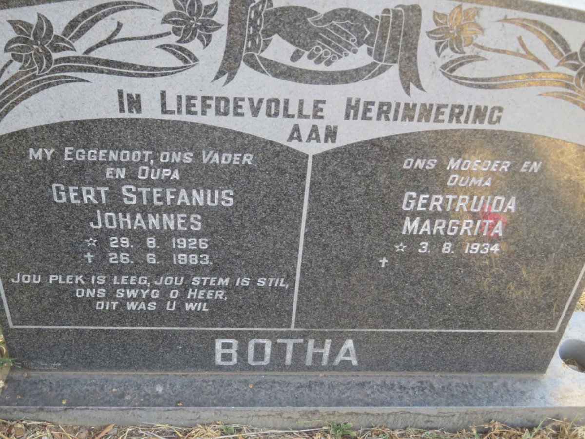 BOTHA Gert Stefanus Johannes 1926-1983 &amp; Gertruida Magrita 1934-