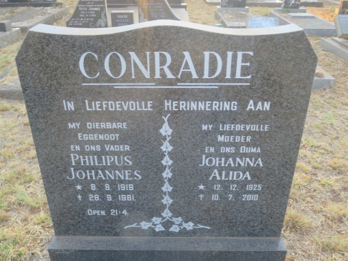 CONRADIE Philipus Johannes 1919-1981 &amp; Johanna Alida 1925-2010