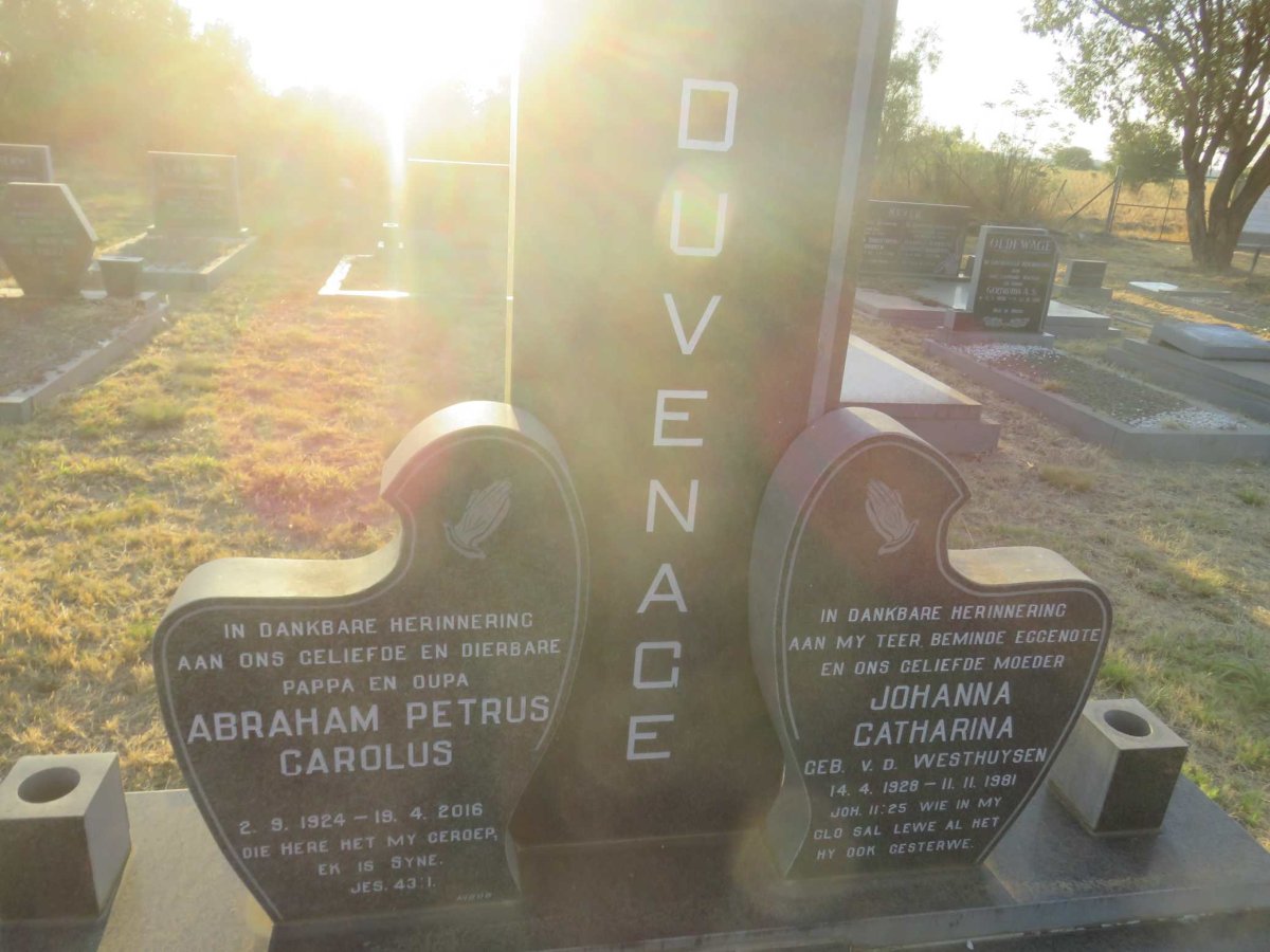 DUVENAGE Abraham Petrus Carolus 1924-2016 &amp; Johanna Catharina V.D. WESTHUIZEN 1928-1981