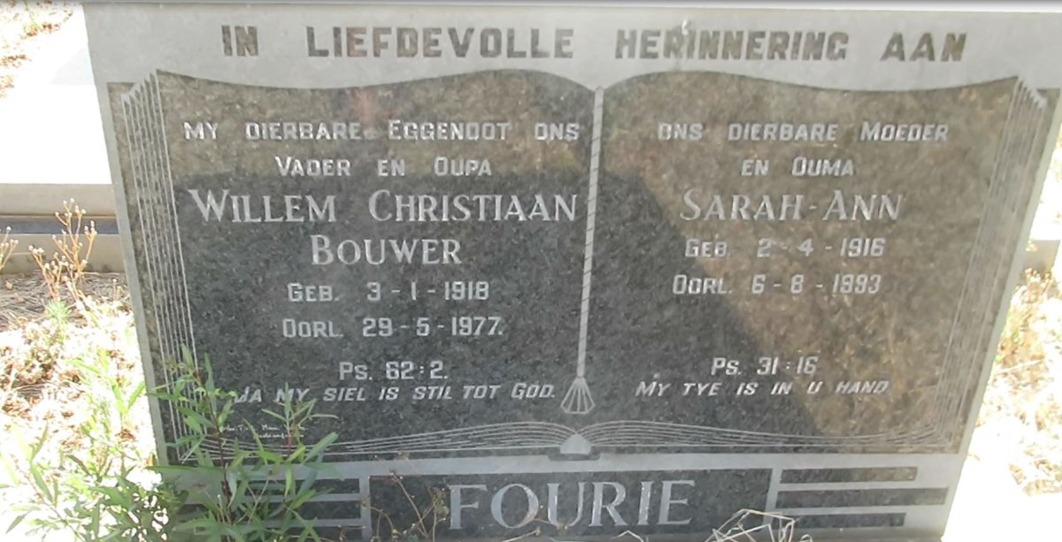FOURIE Willem Christiaan Bouwer 1918-1977 &amp; Sarah-Ann 1916-1993
