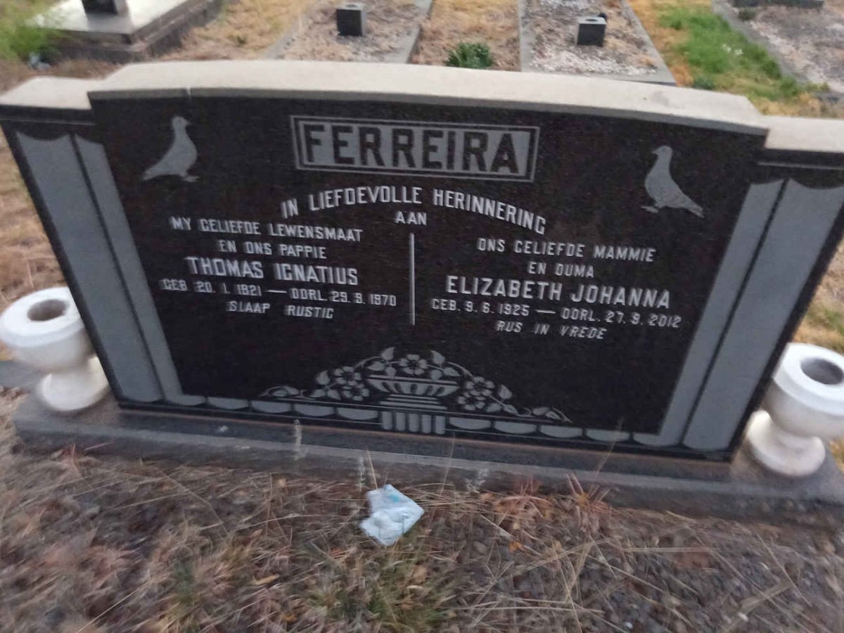 FERREIRA Thomas Ignatius 1921-1970 &amp; Elizabeth Johanna 1925-2012