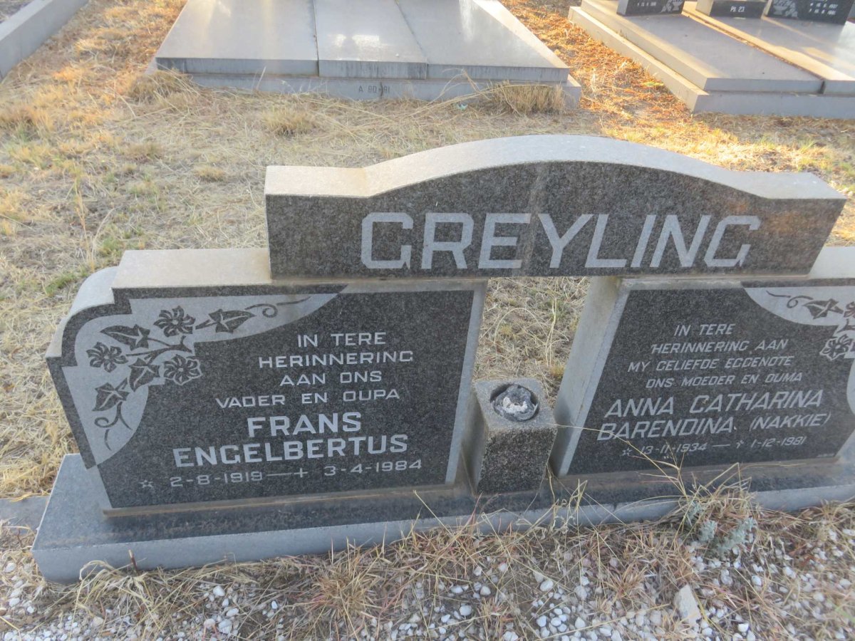 GREYLING Frans Engelbertus 1919-1984 &amp; Anna Catharina Barendina 1934-1981