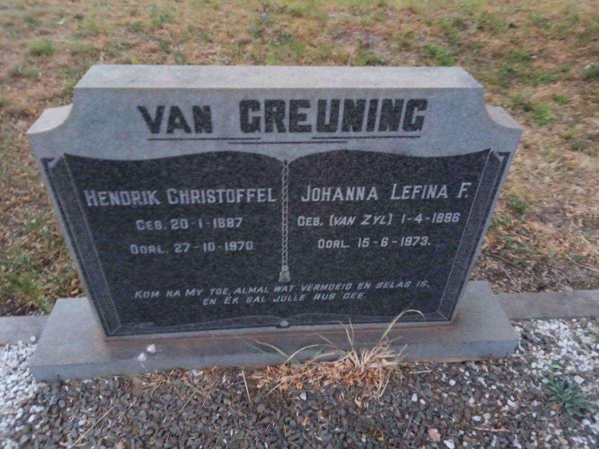GREUNING Hendrik Christoffel, van 1887-1970 &amp; Johanna Lefina F. VAN ZYL 18?6-1973