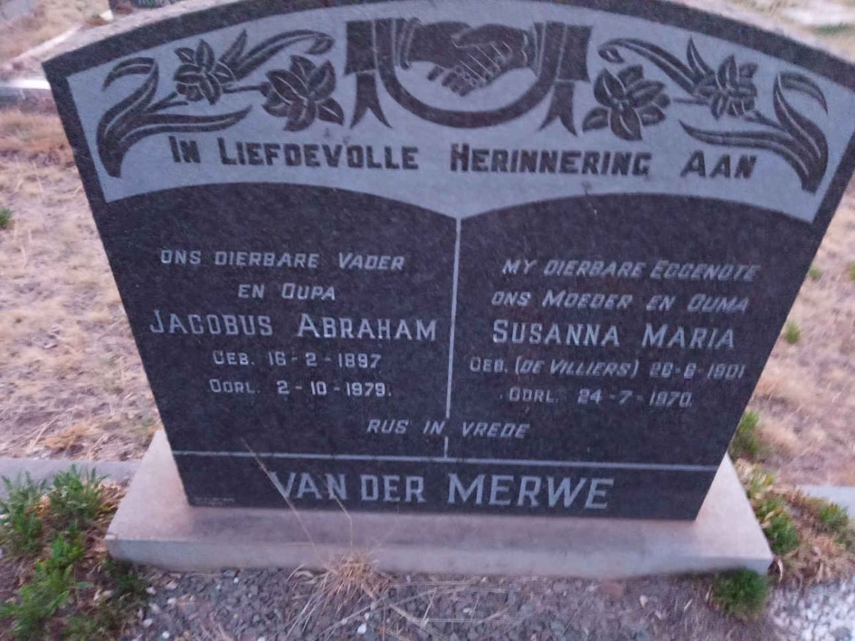MERWE Jacobus Abraham, van der 1897-1979 &amp; Susanna Maria DE VILLIERS 1901-1970
