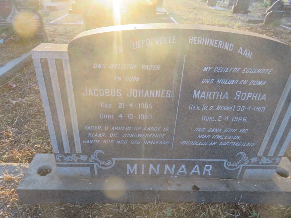 MINNAAR Jacobus Johannes 1905-1983 &amp; Martha Sophia V.D. MERWE 1913-1966