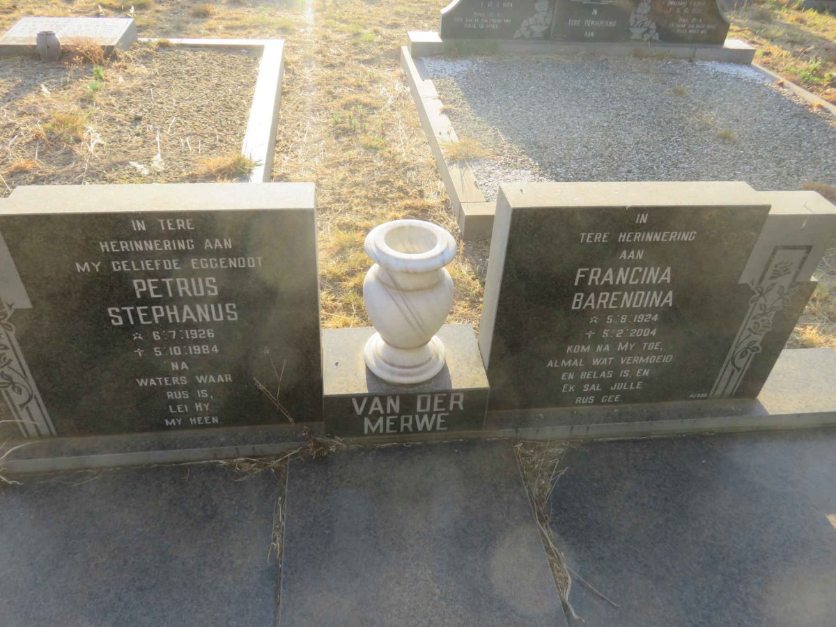 MERWE Petrus Stephanus, van der 1926-1984 &amp; Francina Barendina 1924-2004
