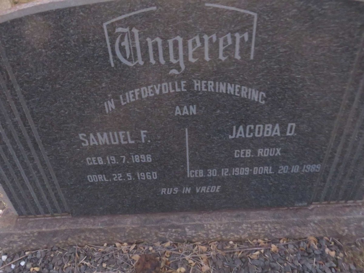 UNGERER Samuel F. 1896-1960 &amp; Jacoba D. ROUX 1909-1989