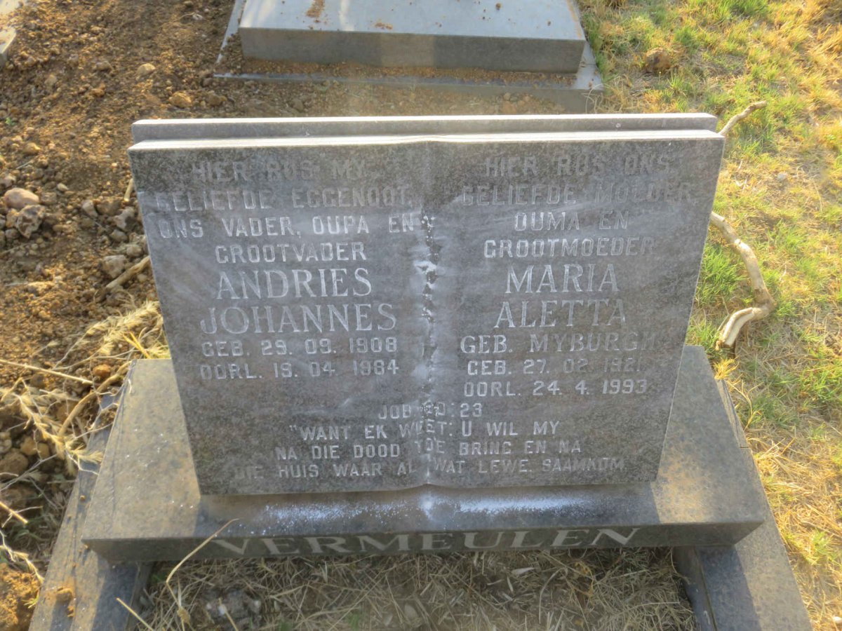 VERMEULEN Andries Johannes 1908-1994 &amp; Maria Aletta MYBURGH 1921-1993