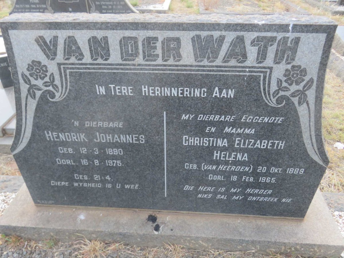 WATH Hendrik Johannes, van der 1890-1975 &amp; Christina Elizabeth Helena VAN HEERDEN 1889-1965