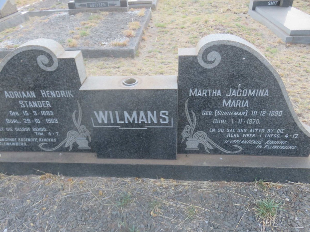 WILMANS Adriaan Hendrik Stander 1883-1963 &amp; Martha Jacomina Maria SCHOEMAN 1890-1970