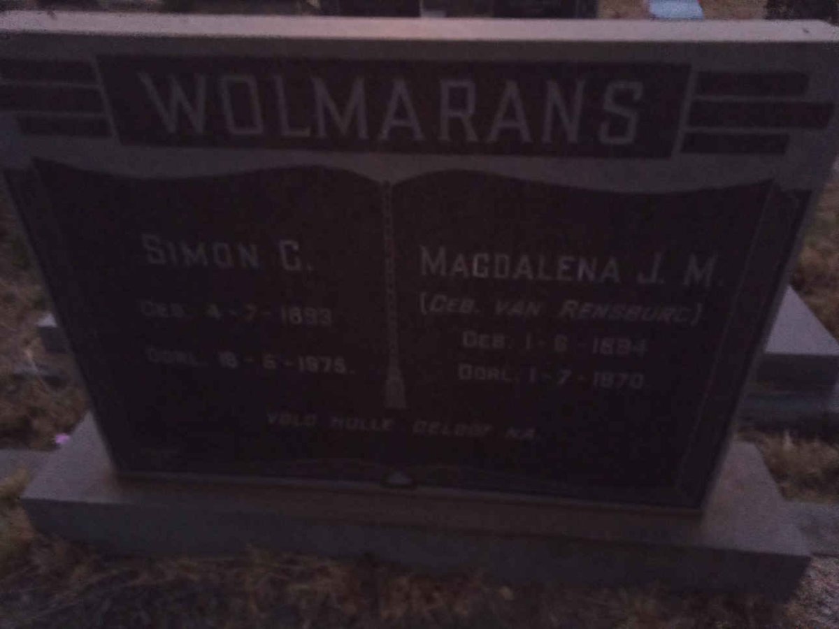 WOLMARANS Simon G. 1893-1975 &amp; Magdalena J. M. VAN RENSBURG 1894-1970