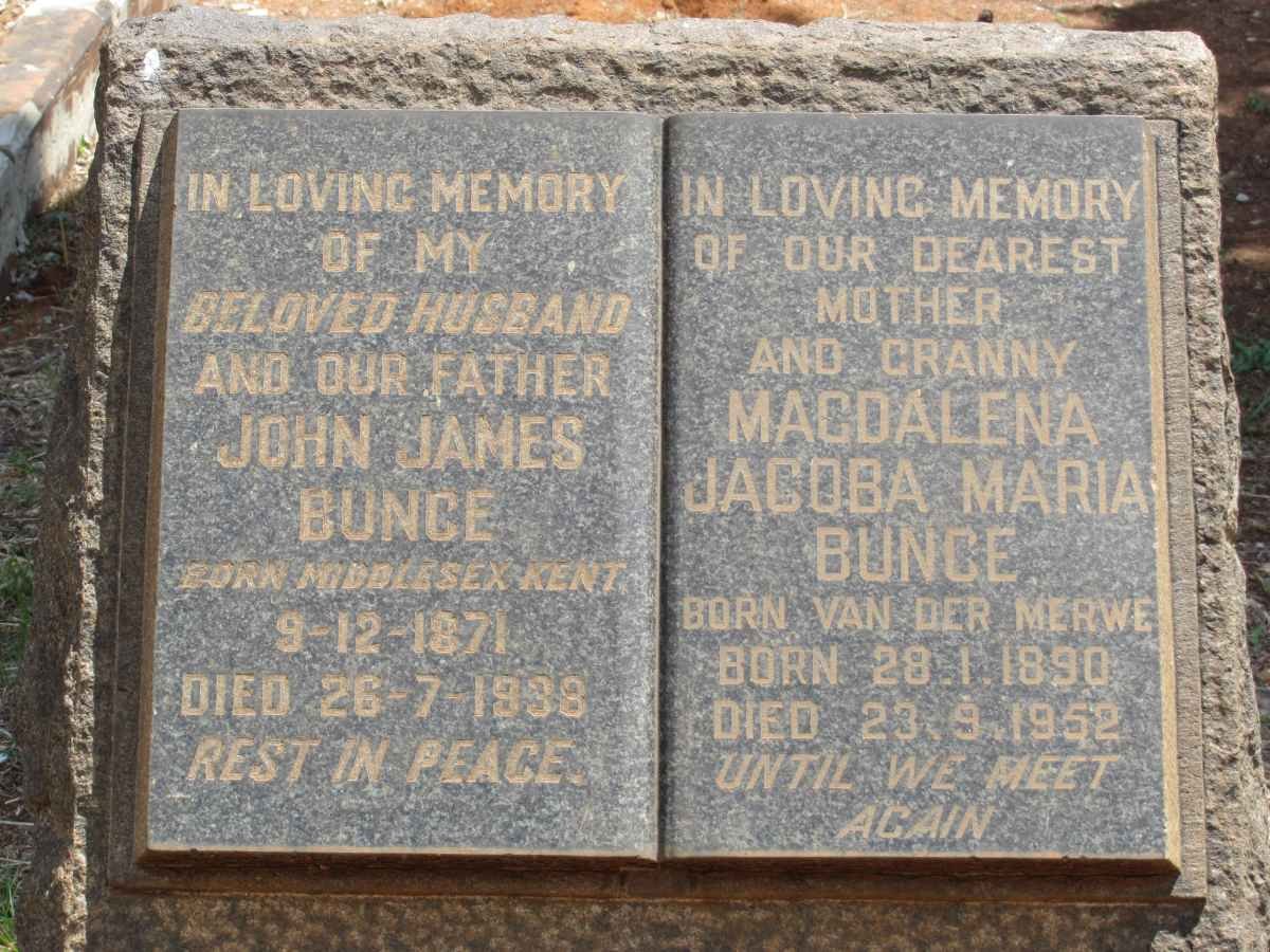 BUNGE John James 1871-1938 &amp; Magdalena Jacoba Maria VAN DER MERWE 1890-1952