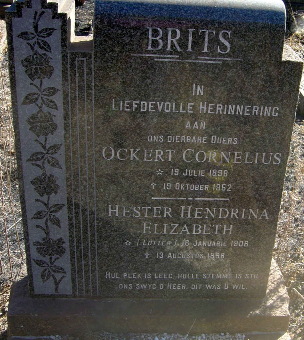 BRITS Ockert Cornelius 1898-1952 &amp; Hester Hendrina Elizabeth LOTTER 1906-1998