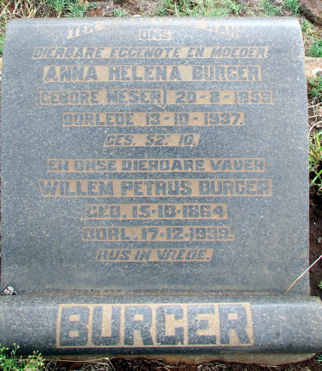 BURGER Willem Petrus 1864-1939 &amp; Anna Helena NESER 1859-1937