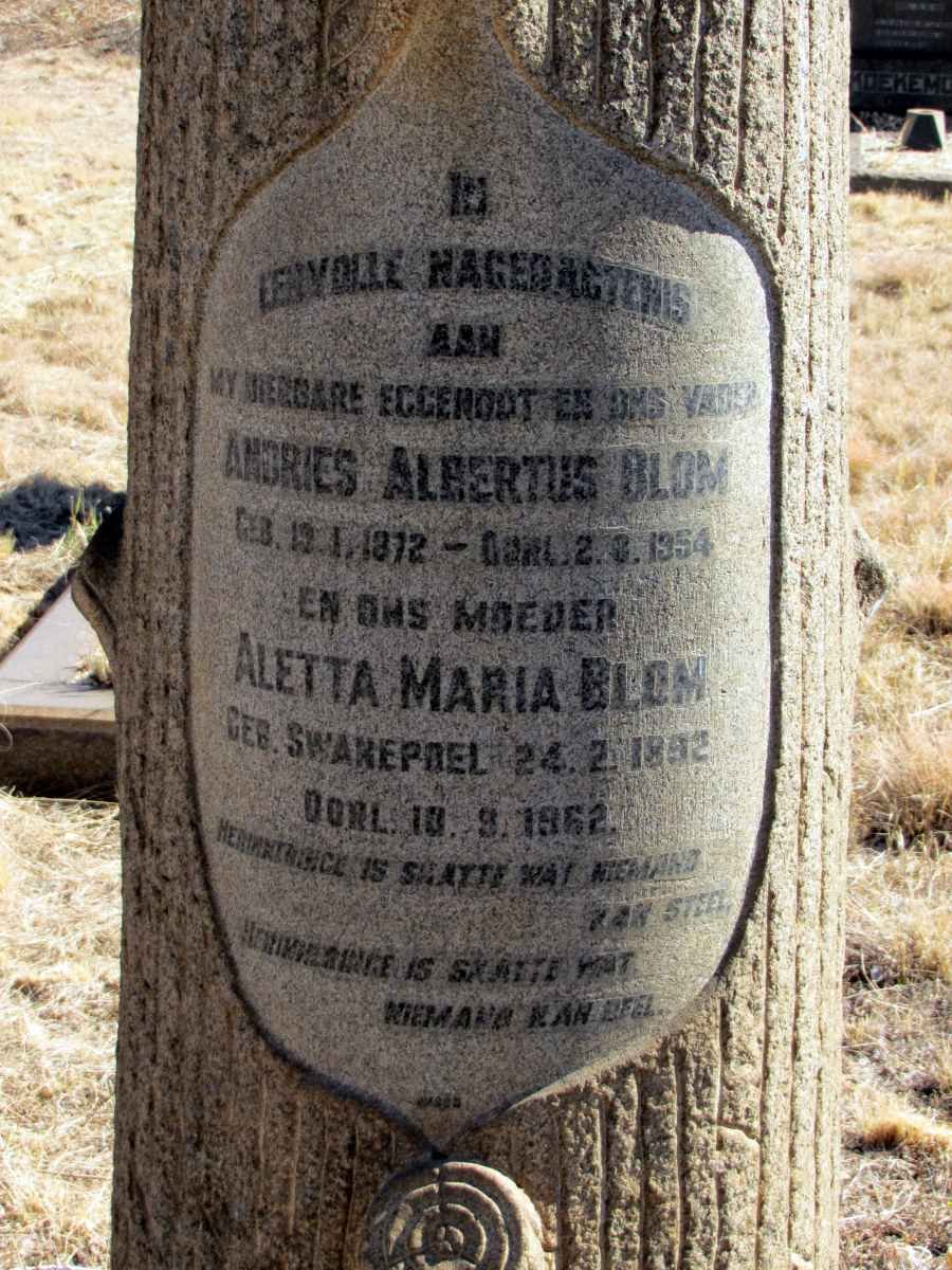 BLOM Andries Albertus 1872-1954 &amp; Aletta Maria SWANEPOEL 1892-1962