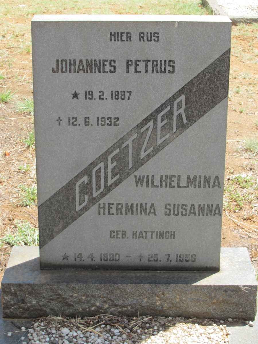 COETZER Johannes Petrus 1887-1932 &amp; Wilhelmina Hermina Susanna HATTINGH 1880-1956