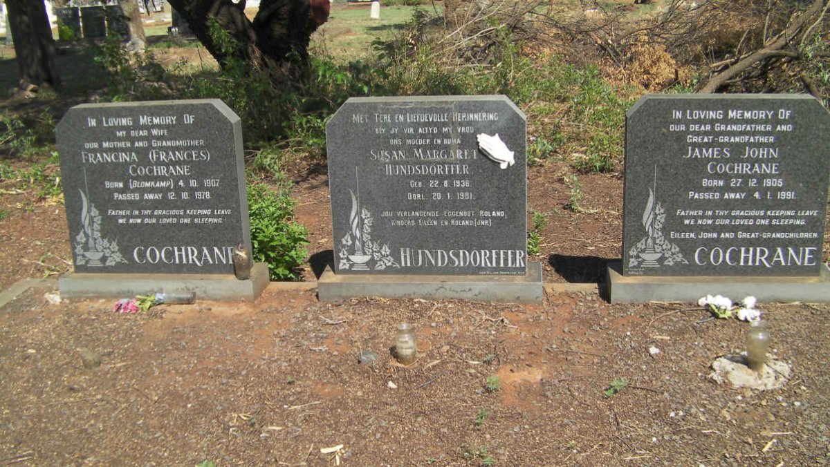 COCHRANE James John 1905-1991 &amp; Francina BLOMKAMP 1907-1978 :: HUNDSDÖRFFER Susan Margaret 1936-1981