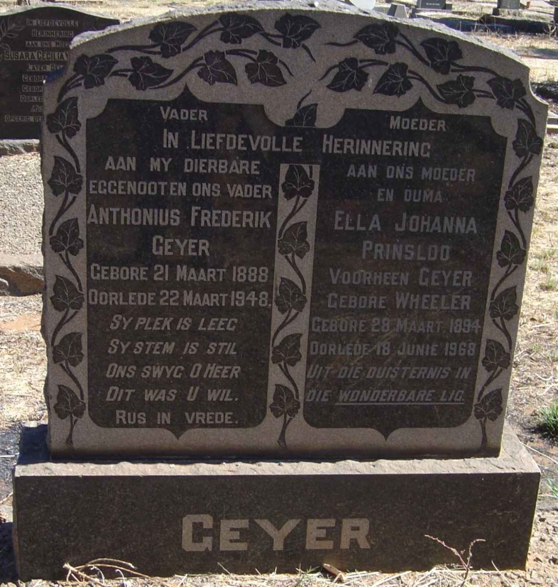 GEYER Anthonius Frederik 1888-1948 &amp; Ella Johanna PRINSLOO formerly GEYER nee WHEELER 1894-1968