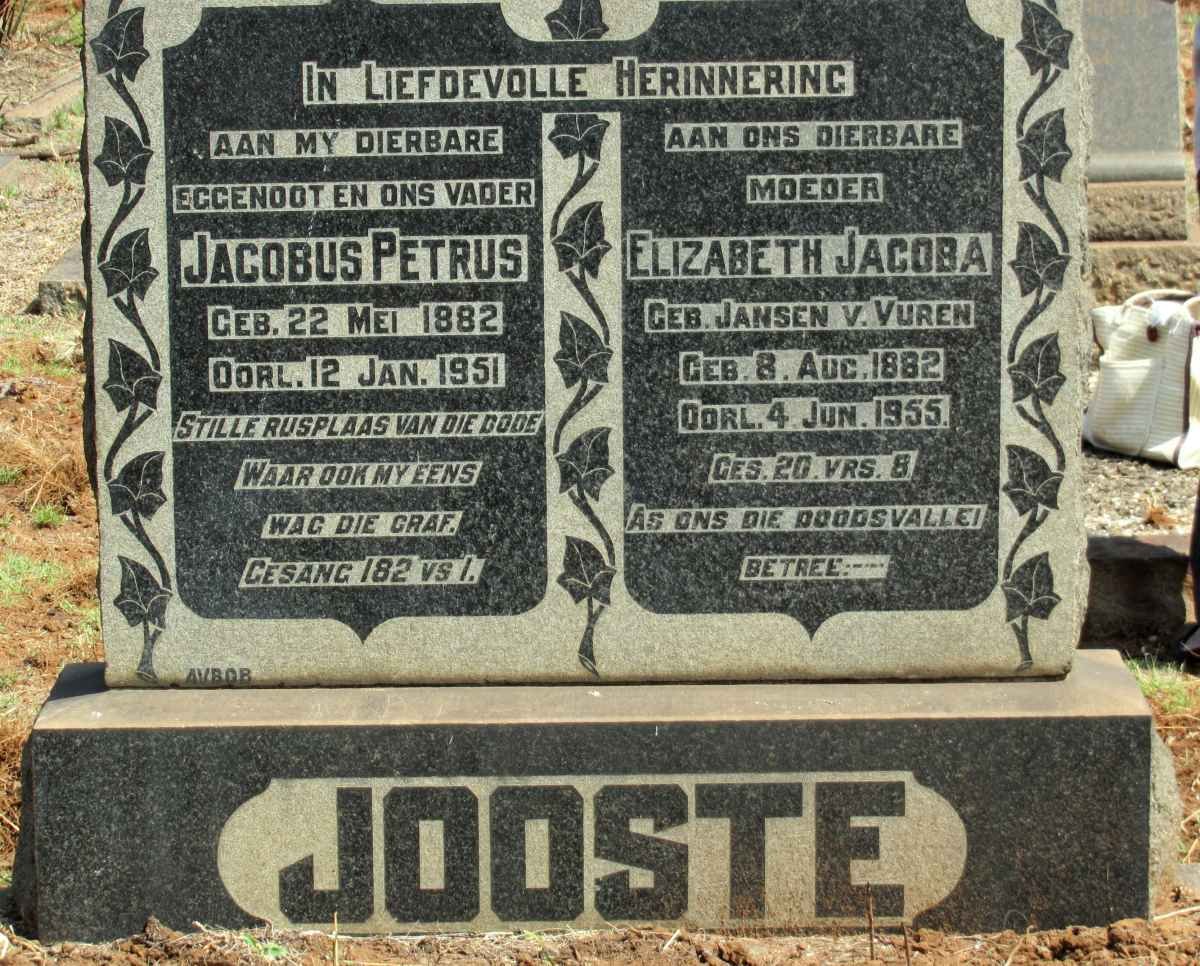 JOOSTE Jacobus Petrus 1882-1951 &amp; Elizabeth Jacoba JANSEN VAN VUREN 1882-1955