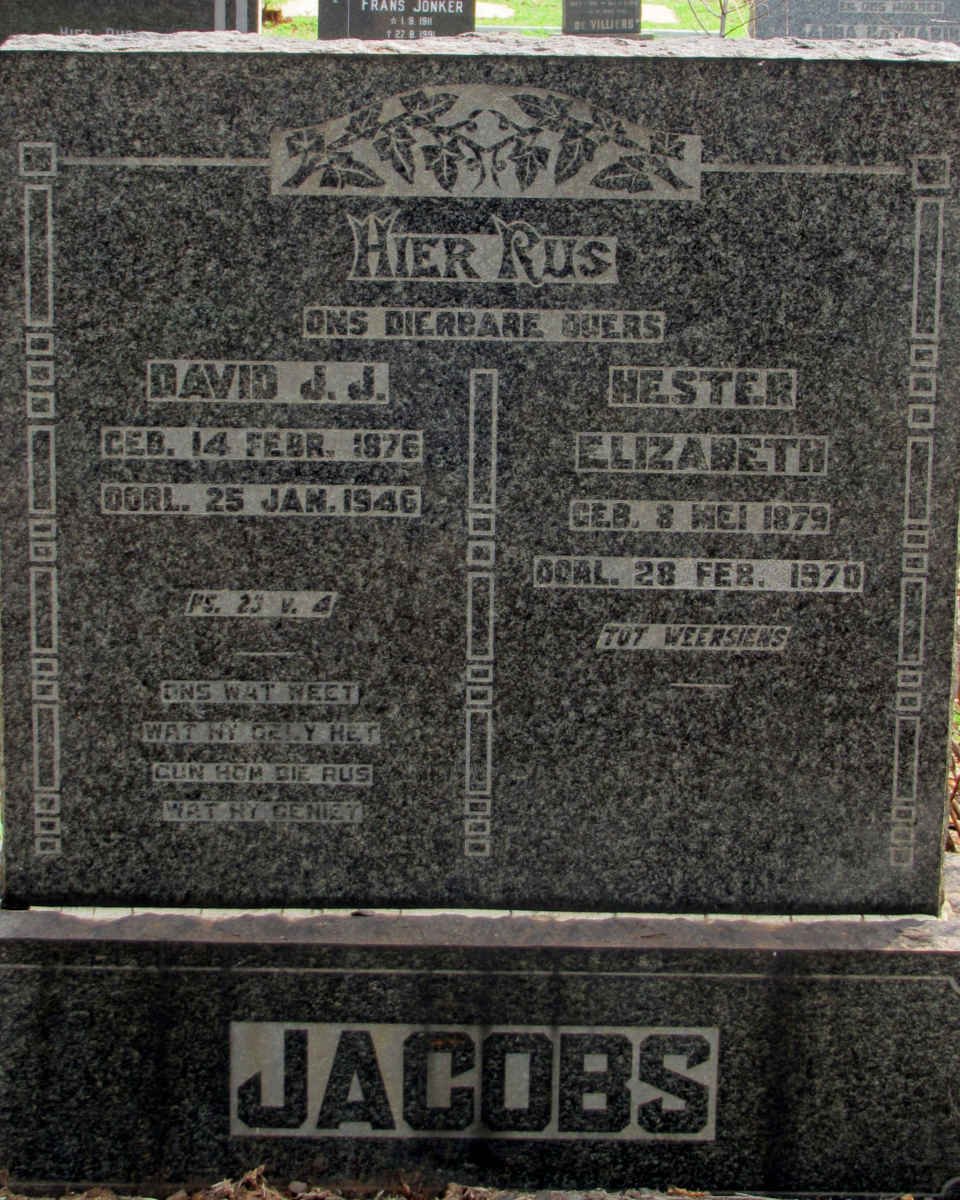 JACOBS David J.J. 1876-1946 &amp; Hester Elizabeth 1879-1970