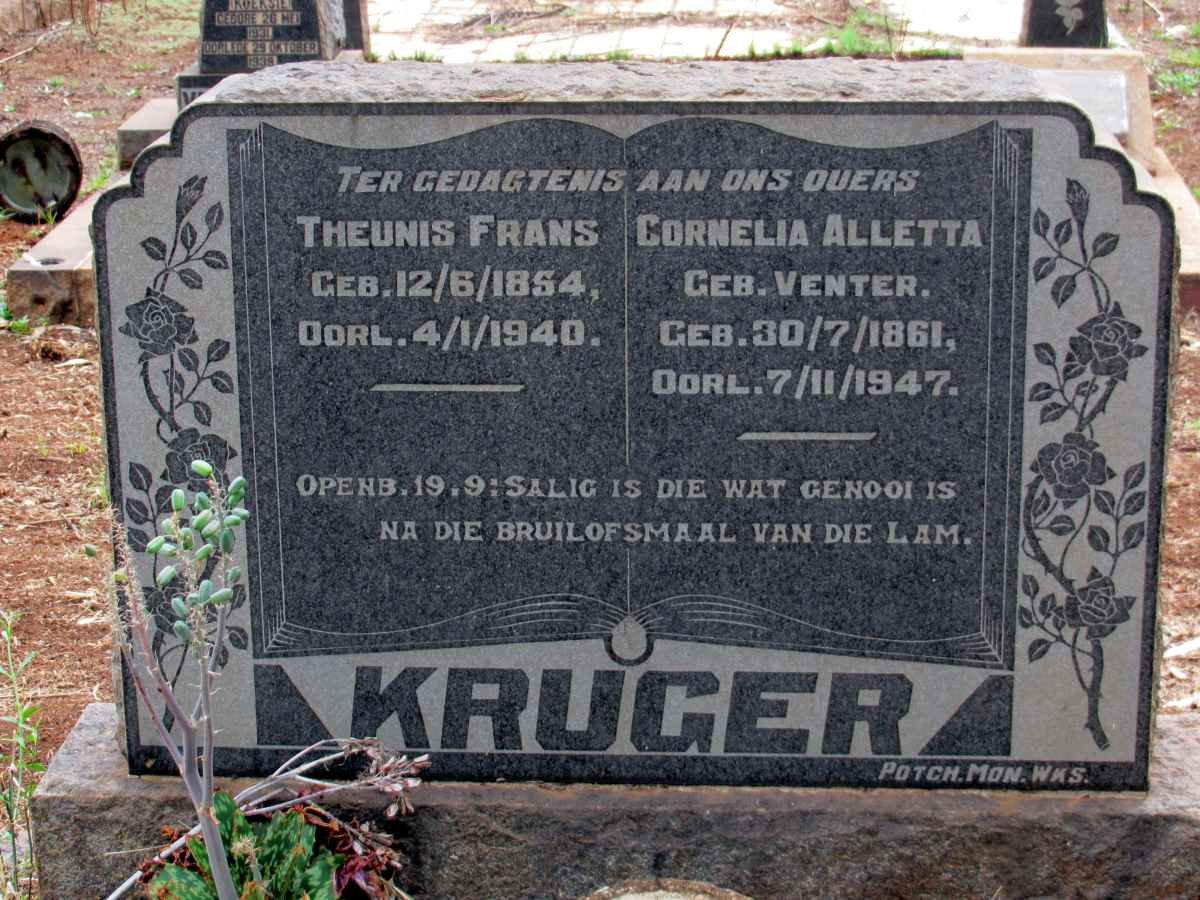 KRUGER Theunis Frans 1854-1940 &amp; Cornelia Alletta VENTER 1861-1947