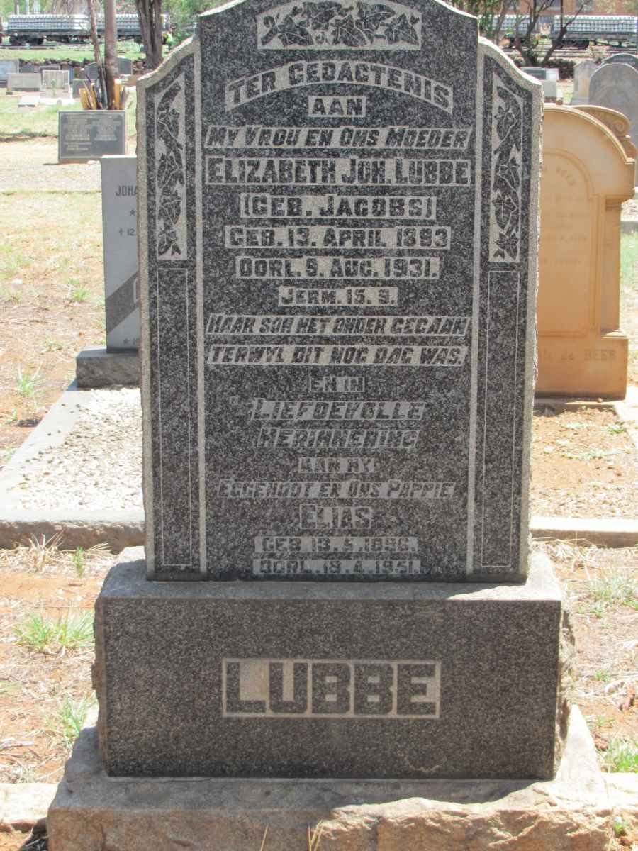 LUBBE Elias 1896-1951 &amp; Elizabeth Johanna JACOBS 1893-1931