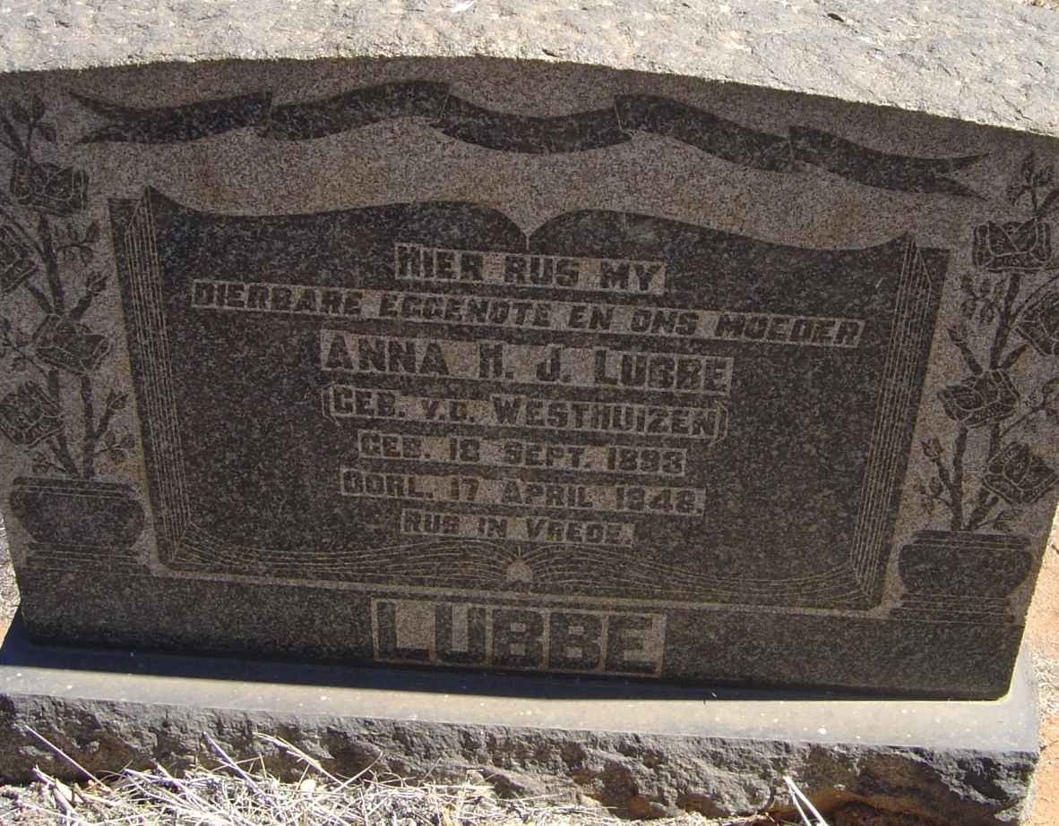 LUBBE Anna M.J. nee V.D. WESTHUIZEN 1893-1948