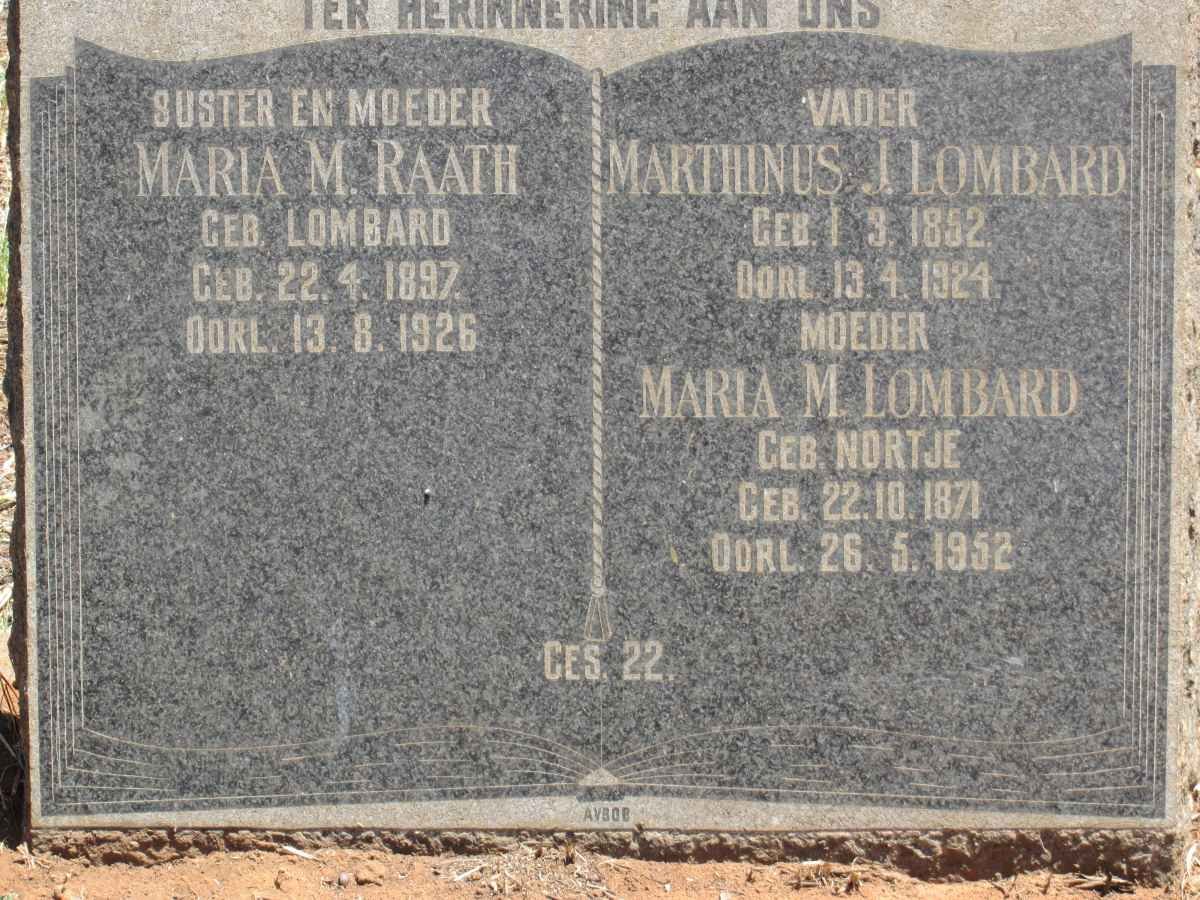 LOMBARD Marthinus J. 1852-1924 &amp; Maria M. NORTJE 1871-1952 :: RAATH Maria M. nee LOMBARD 1897-1926