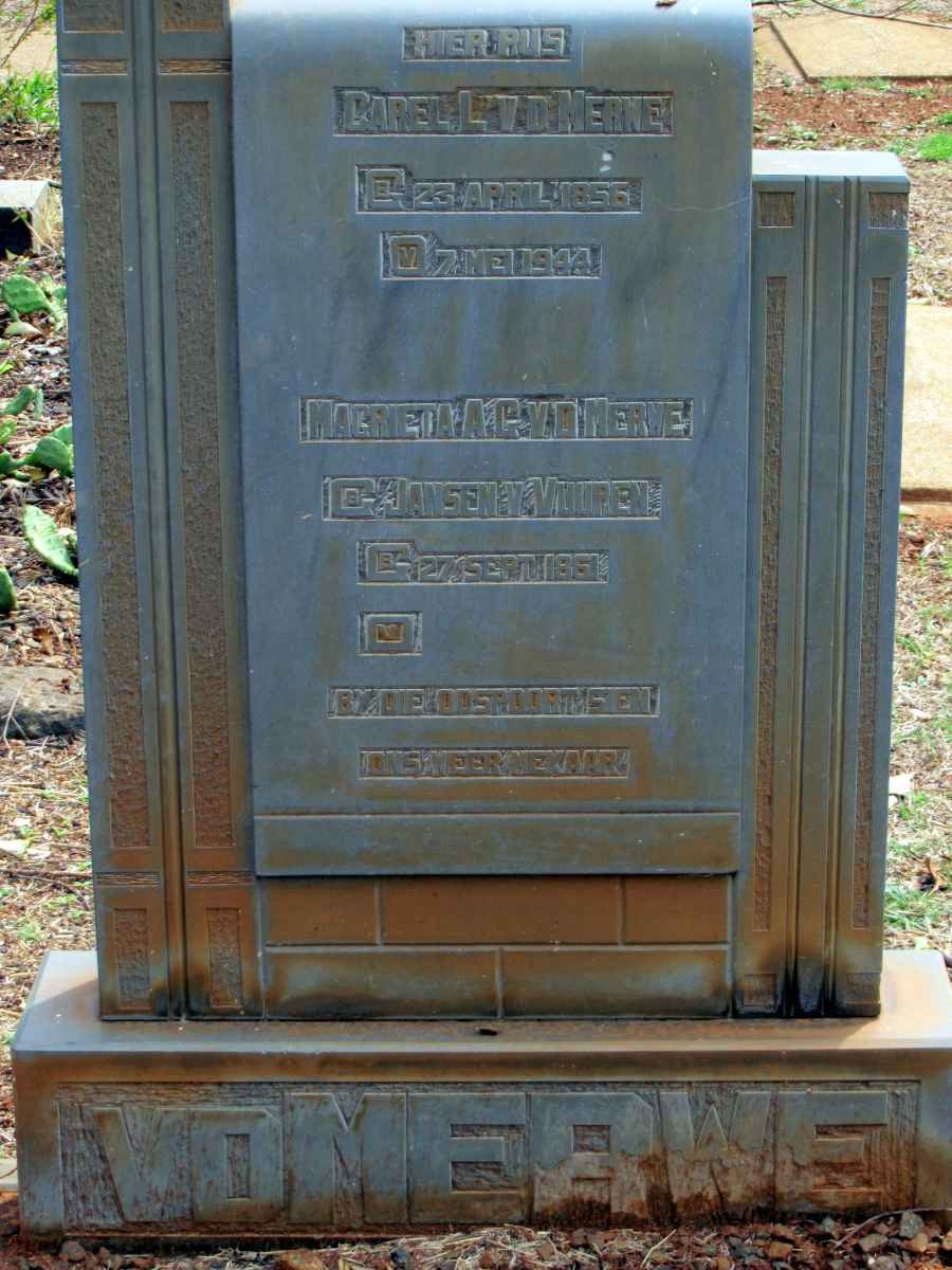 MERWE Carel L., v.d. 1856-1944 &amp; Magrieta A.G. JANSEN VAN VUUREN 1851-