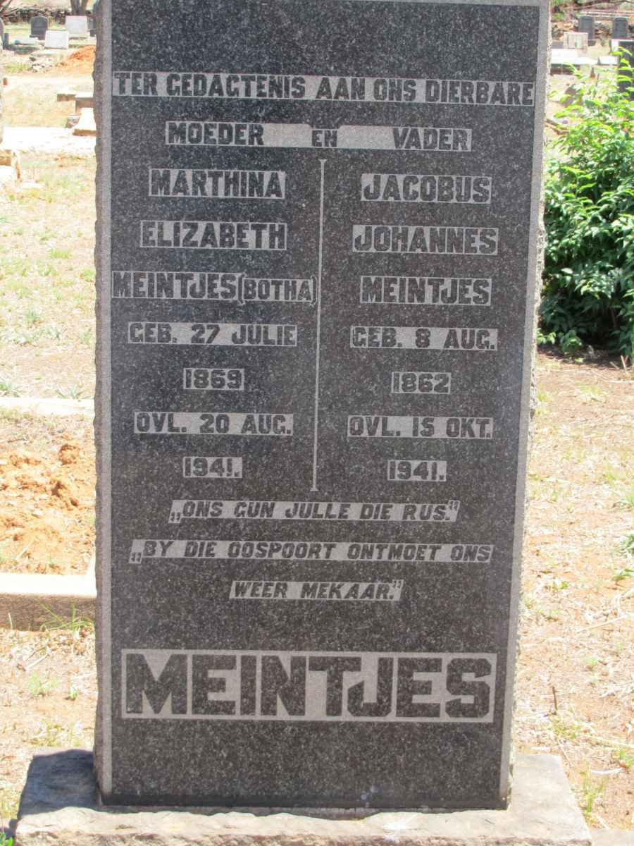 MEINTJES Jacobus Johannes 1862-1941 &amp; Marthina Elizabeth BOTHA 1869-1941