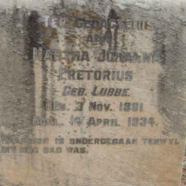 PRETORIUS Martha Johanna nee LUBBE 1901-1934