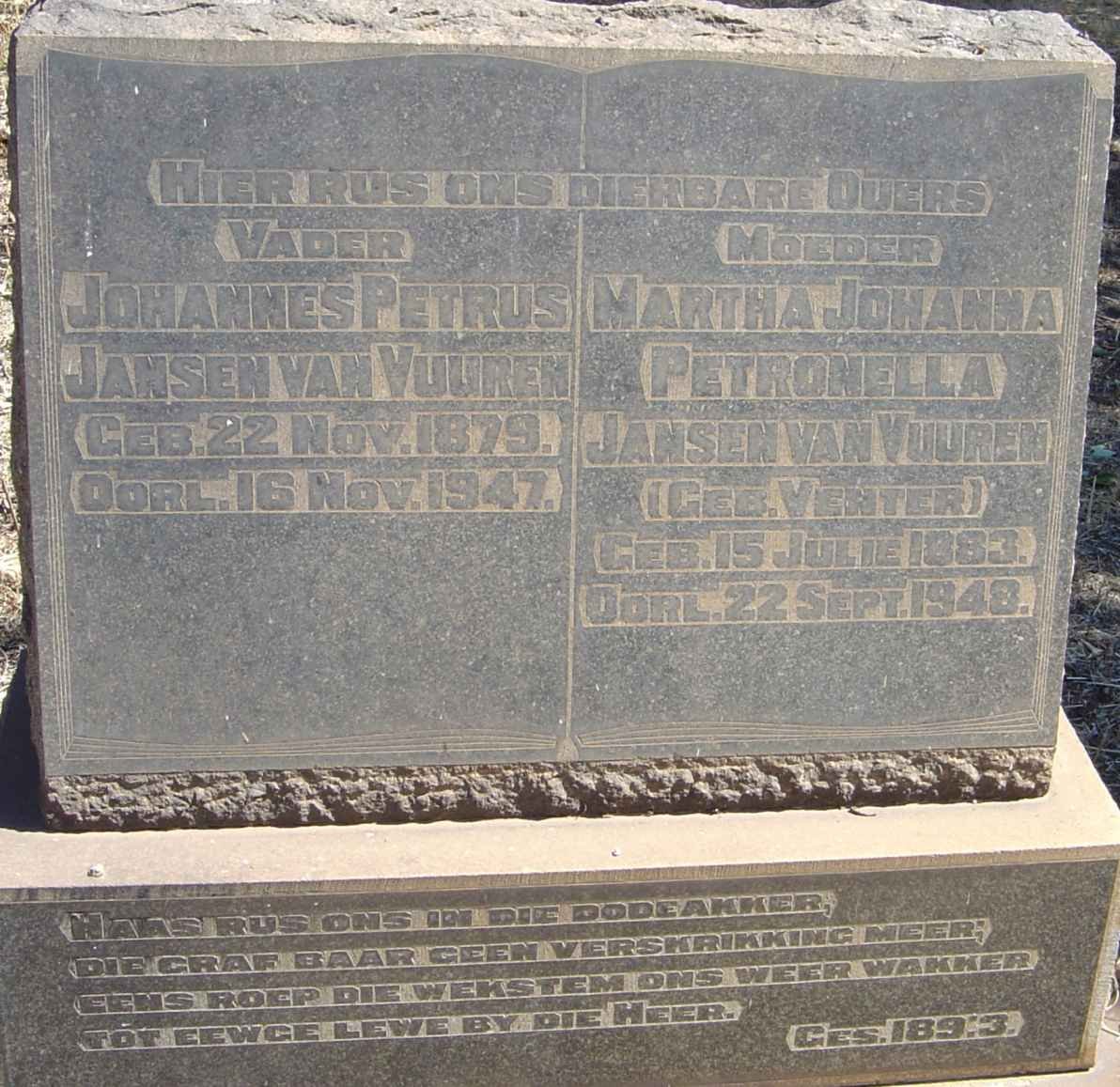 VUUREN Johannes Petrus, Jansen van 1879-1947 &amp; Martha Johanna Petronella VENTER 1883-1948