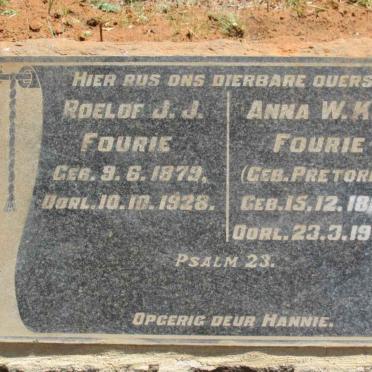 FOURIE Roelof J.J. 1979-1928 &amp; Anna W.K.M. PRETORIUS 1885-1955
