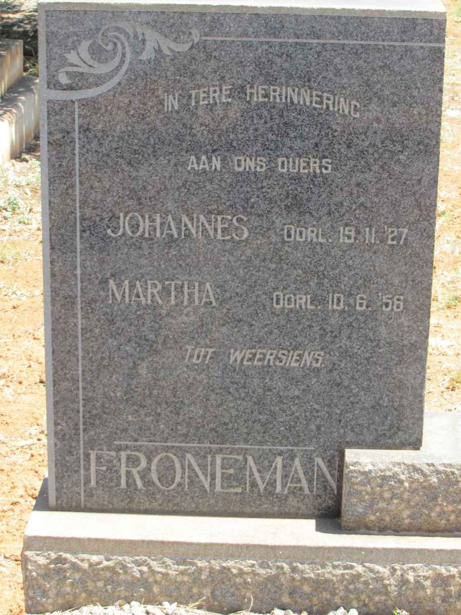 FRONEMAN Johannes -1927 &amp; Martha -1956