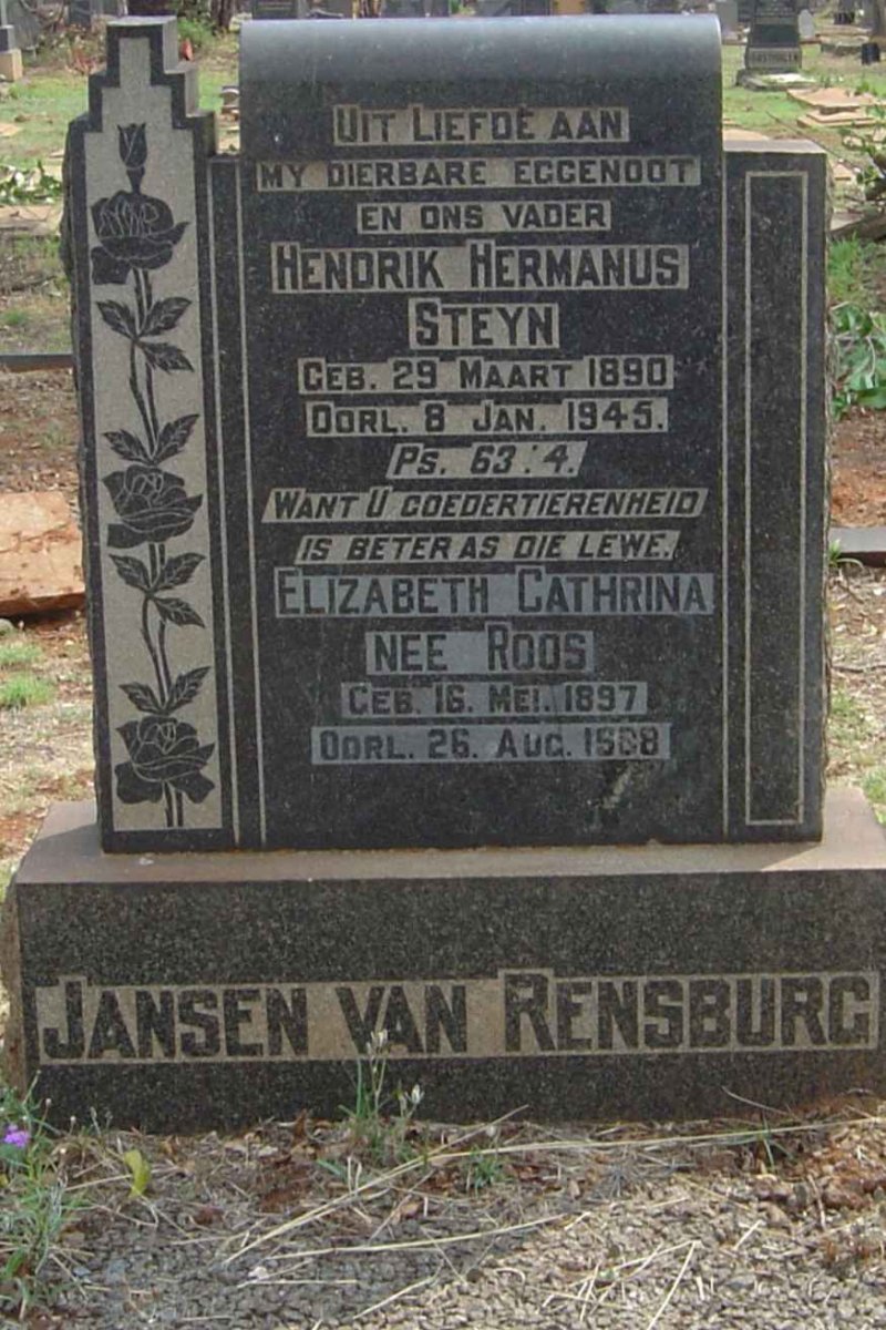 RENSBURG Hendrik Hermanus Steyn, Jansen van 1890-1945 &amp; Elizabeth Cathrina ROOS 1897-1968