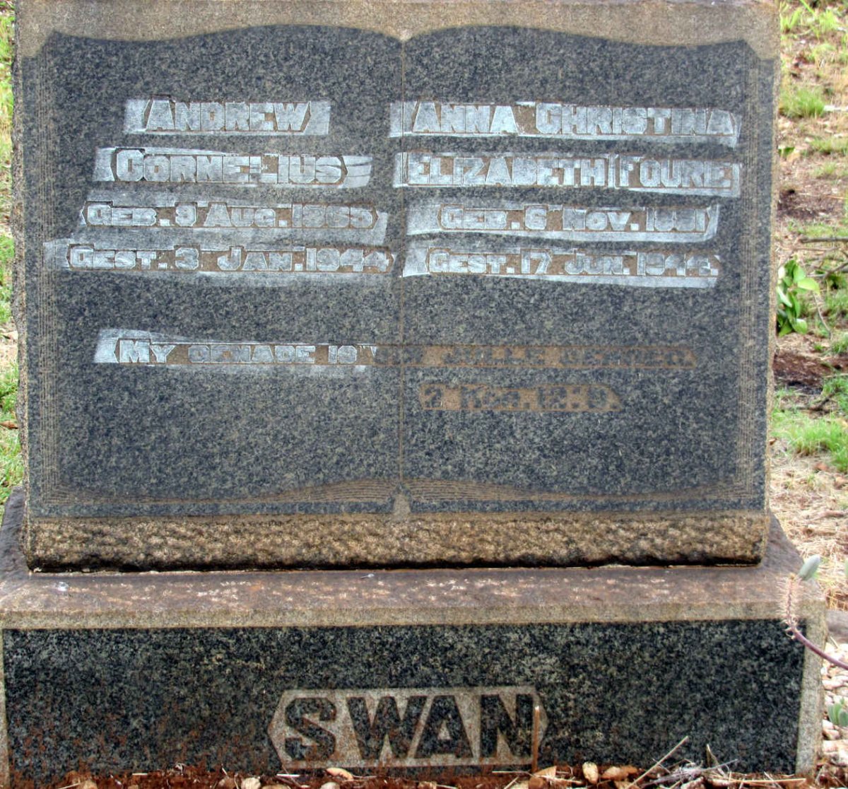 SWAN Andrew Cornelius 1865-1944 &amp; Anna Christina Elizabeth FOURIE 1861-1944