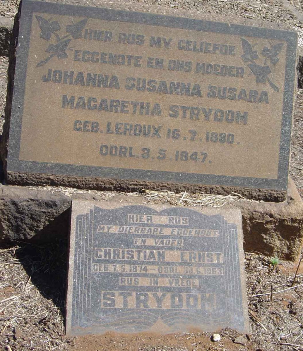 STRYDOM Christian Ernst 1874-1953 &amp; Johanna Susanna Susara Magaretha LEROUX 1880-1947