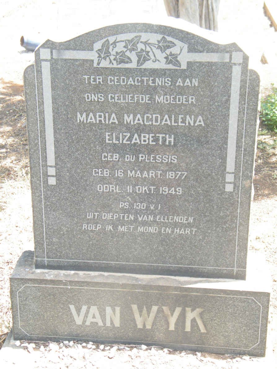 WYK Maria Magdalena Elizabeth, van nee du PLESSIS 1877-1949