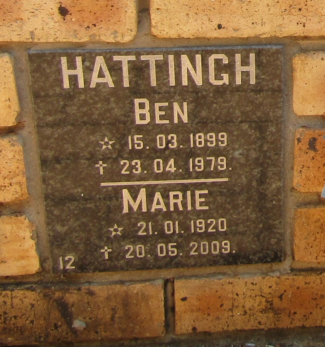 HATTINGH Ben 1899-1979 &amp; Marie 1920-2009