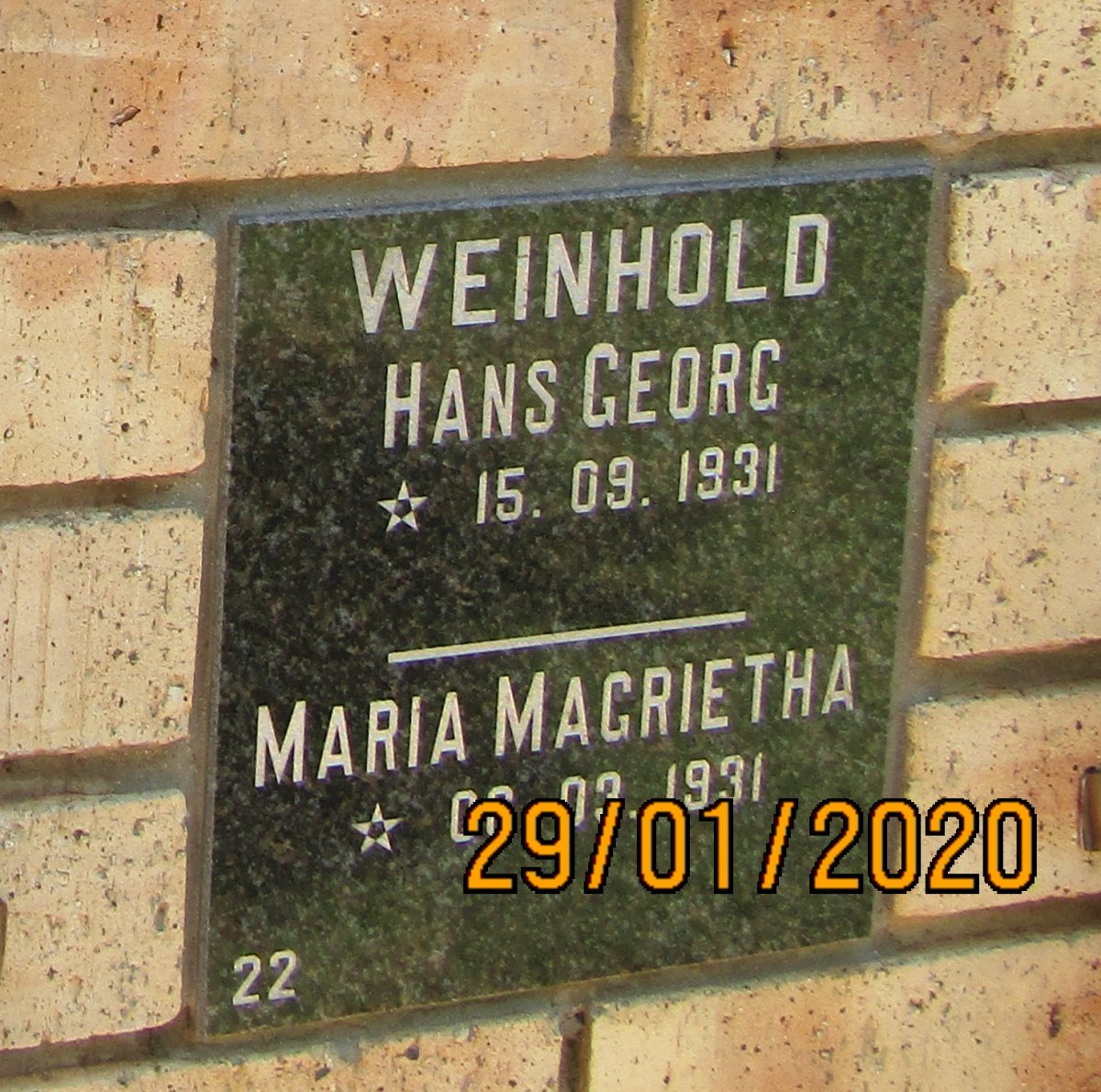 WEINHOLD Hans Georg 1931- &amp; Maria Magrietha 1931-