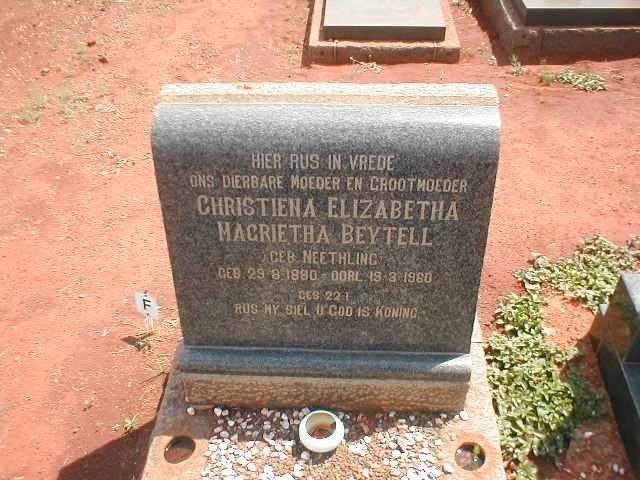 BEYTELL Christiena Elizabetha Margrietha nee NEETHLING 1880-1960