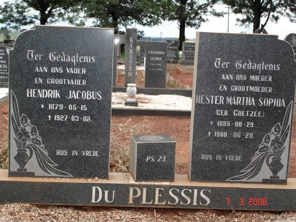 PLESSIS Hendrik Jacobus, du 1879-1927 &amp; Hester Martha Sophia COETZEE 1885-1980
