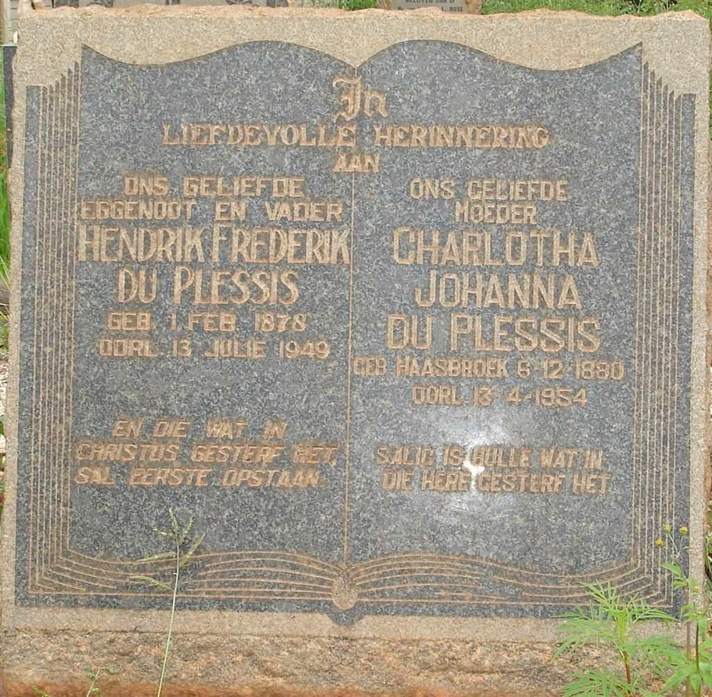 PLESSIS Hendrik Frederik, du 1878-1949 &amp; Charlotha Johanna HAASBROEK 1880-1954