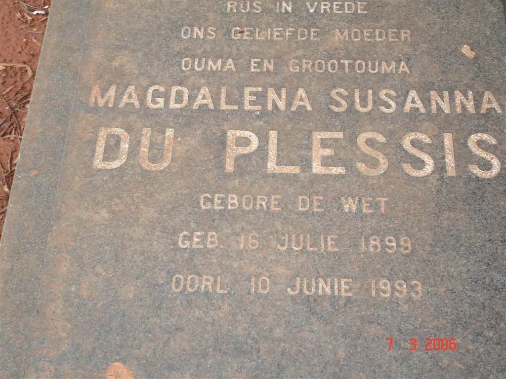 PLESSIS Magdalena Susanna, du née DE WET 1899-1993