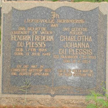 PLESSIS Hendrik Frederik, du 1878-1949 &amp; Charlotha Johanna HAASBROEK 1880-1954