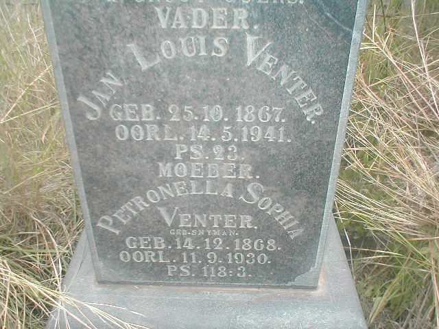 VENTER Jan Louis 1867-1941 &amp; Petronella Sophia SNYMAN 1868-1930