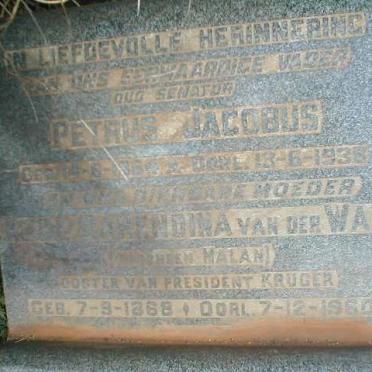 WALT Petrus Jacobus, van der 1864-1938 &amp; Alida Barendina MALAN nee KRUGER 1868-1960