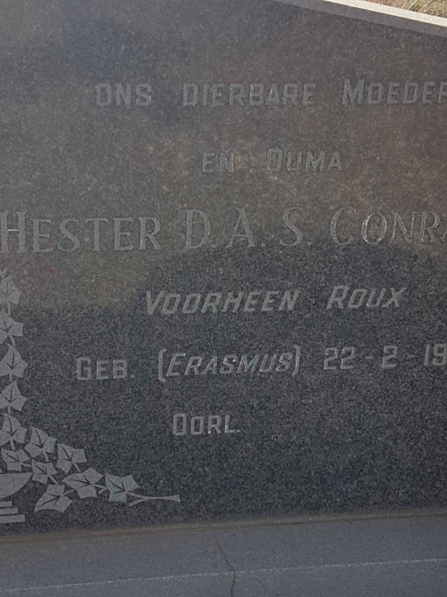 ROUX Daniel Francois 1906-1958 &amp; CONR? Hester D.A.S. voorheen ROUX nee ERASMUS 19??-