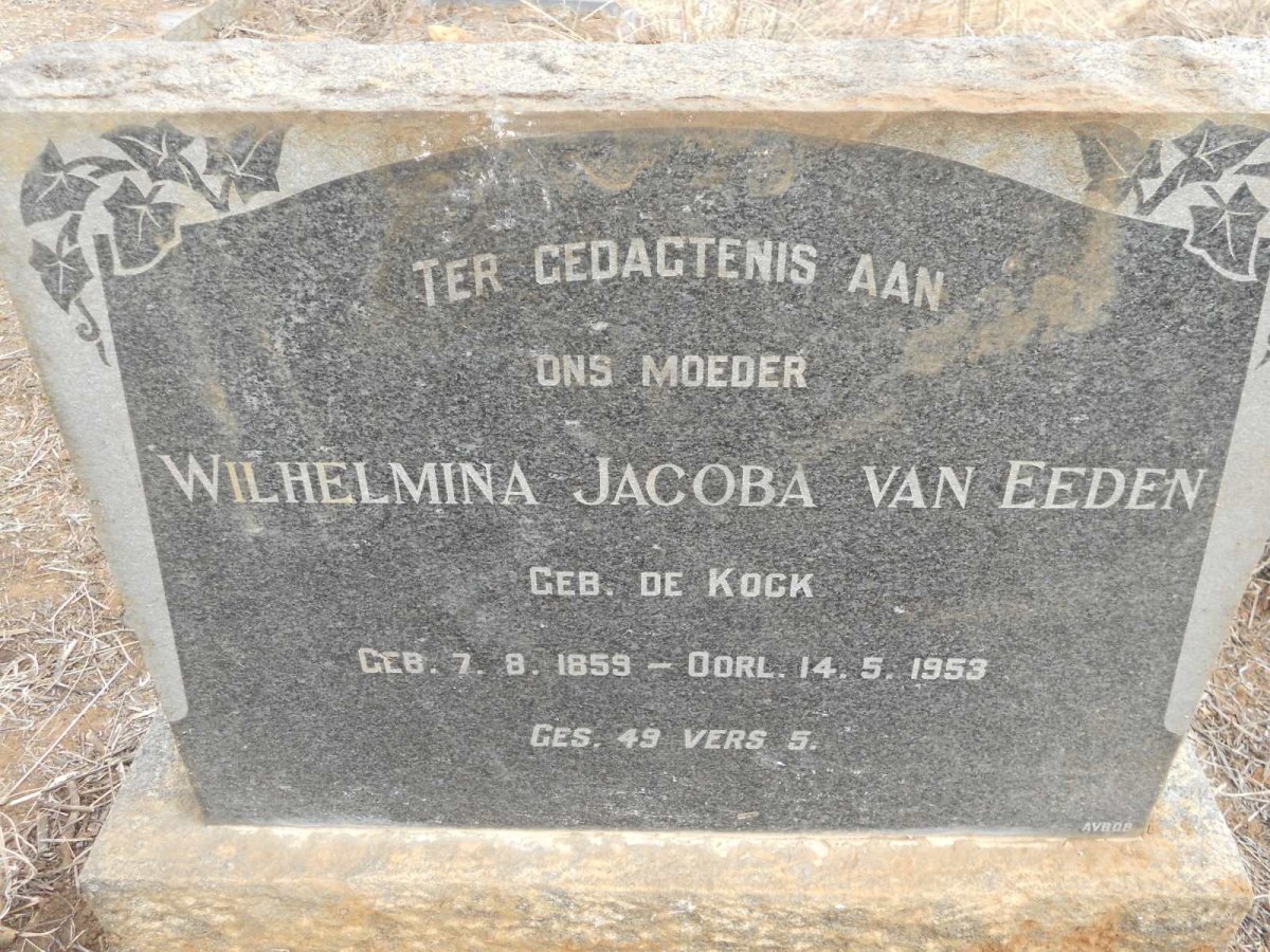 EEDEN Wilhelmina Jacoba, van nee DE KOCK 1859-1953